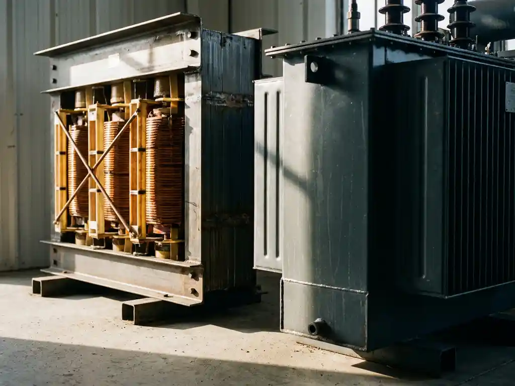 Trockentransformator mit Kupferwicklungen neben ölgefülltem Transformator mit Kühlrippen auf Industrieunterstation-Boden.