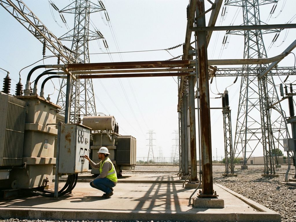 Techniker in Schutzausrüstung prüft Schaltanlagen in großem Umspannwerk mit Transformatoren und Stromleitungen