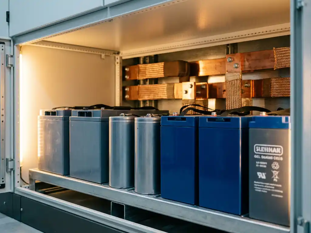 Industrielle USV-Batterien – Blei-Säure, Lithium-Ionen und Gelzellen – nebeneinander in einem Schaltschrank mit Kupferschienen.