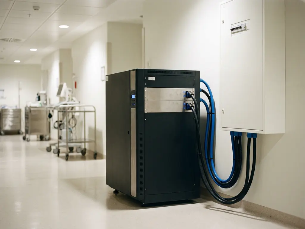Industrielle USV-Anlage mit Stromkabeln an einem Krankenhausverteiler im weißen Klinikflur.