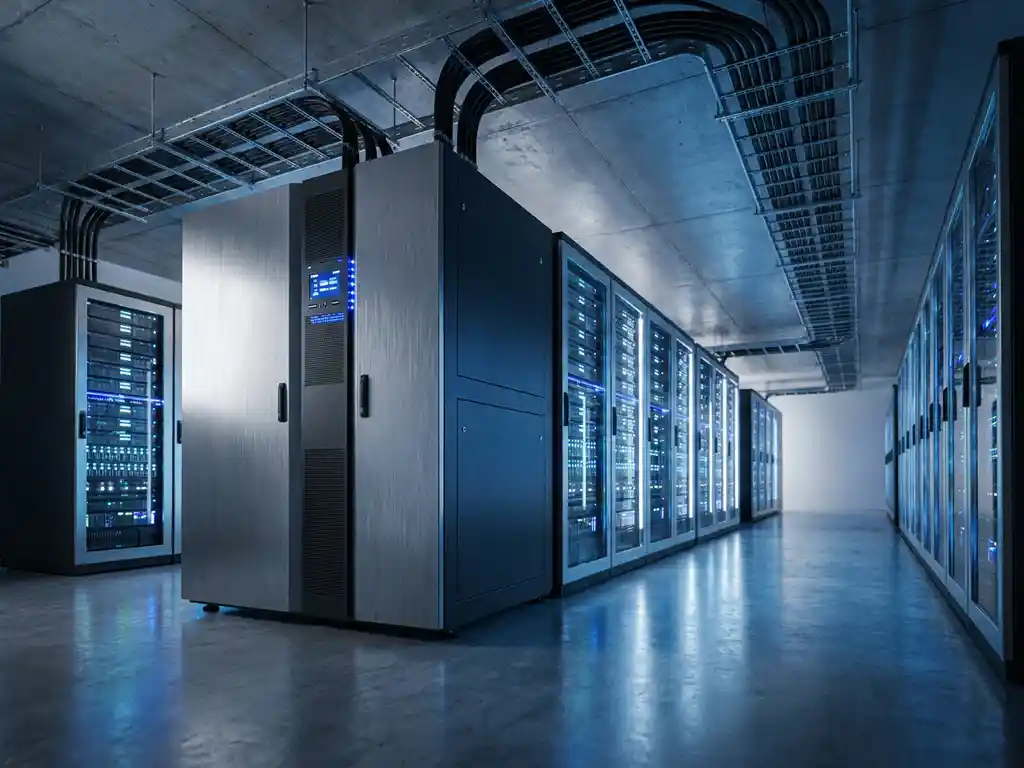 Industrielle USV-Anlage in schwarzem Stahlgehäuse in einem Rechenzentrumskorridor mit leuchtenden Serverracks und Stromkabeln.