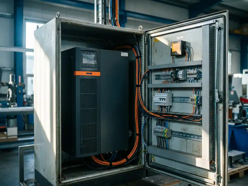 Industrielle USV-Anlage in geöffnetem Stahlschaltschrank mit Kabelkanälen, Leistungsschaltern und leuchtendem digitalem Energiezähler.