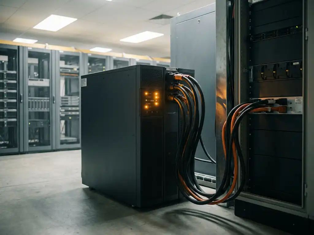 USV-Gerät mit Stromkabeln an Industrieschaltschrank, bernsteinfarbene Statusleuchten, Serverraum mit grauen Metallracks.