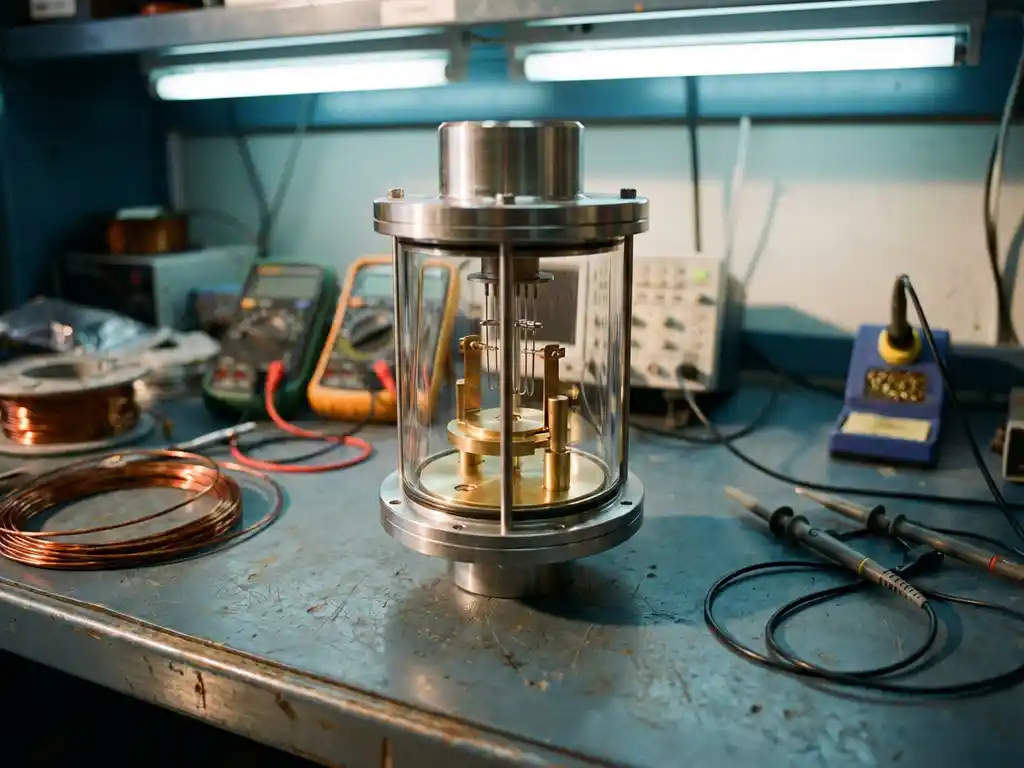 Präzisions-Vakuumschalter mit metallischen Kontakten in Glaskammer auf Industriearbeitsplatz mit Prüfgeräten und Kupferleitern