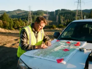 Landvermesser in gelber Warnweste studiert topographische Karte auf weißem Dienstfahrzeug, Strommasten und Hügel im Hintergrund