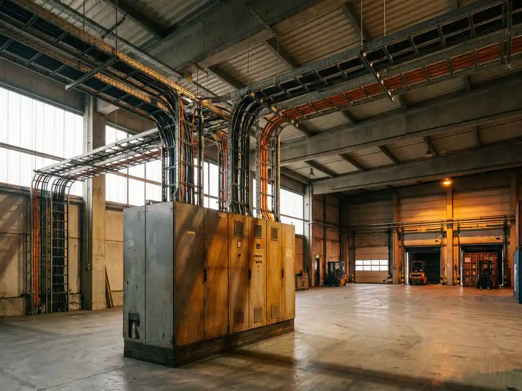 Industrielle Elektroverteilung mit Kabeltrassen in einem Logistikzentrum, dramatische Seitenbeleuchtung, hohe Decken und Laderampen im Hintergrund.