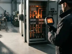 Techniker richtet Wärmebildkamera auf geöffneten Industrieschaltschrank mit leuchtenden Wärmesignaturen an Leistungsschaltern und Kupferschienen.
