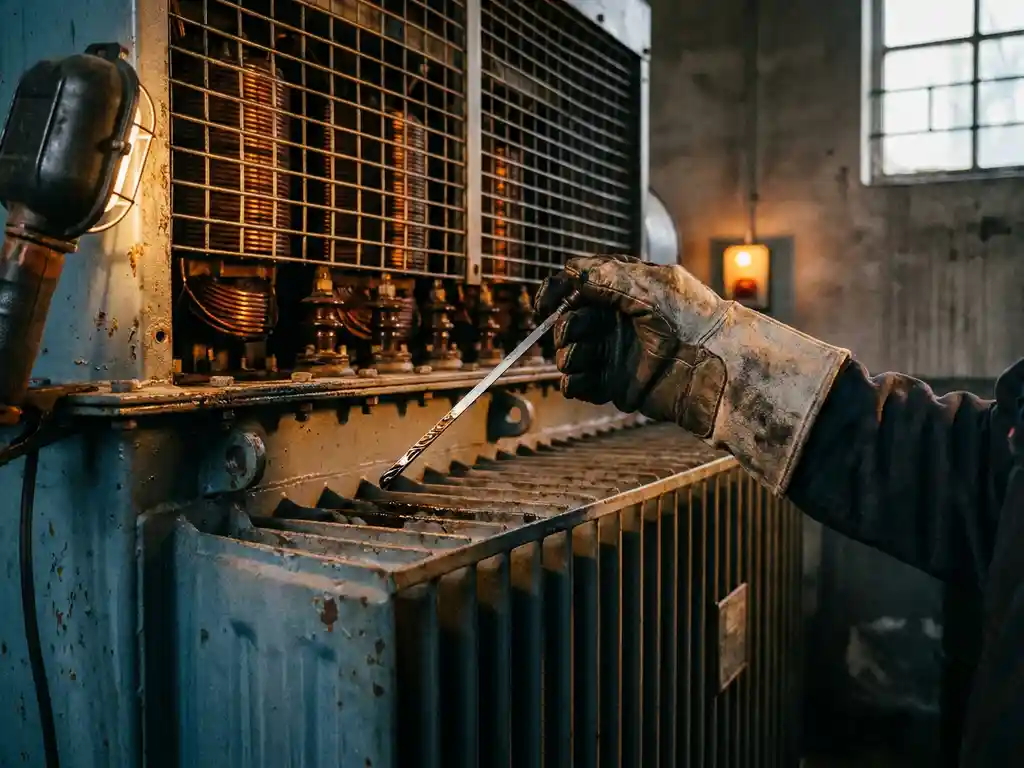 Ingenieur in Schutzhandschuhen prüft Ölstand an großem Industrietransformator mit Kupferwicklungen in dunklem Umspannwerk.