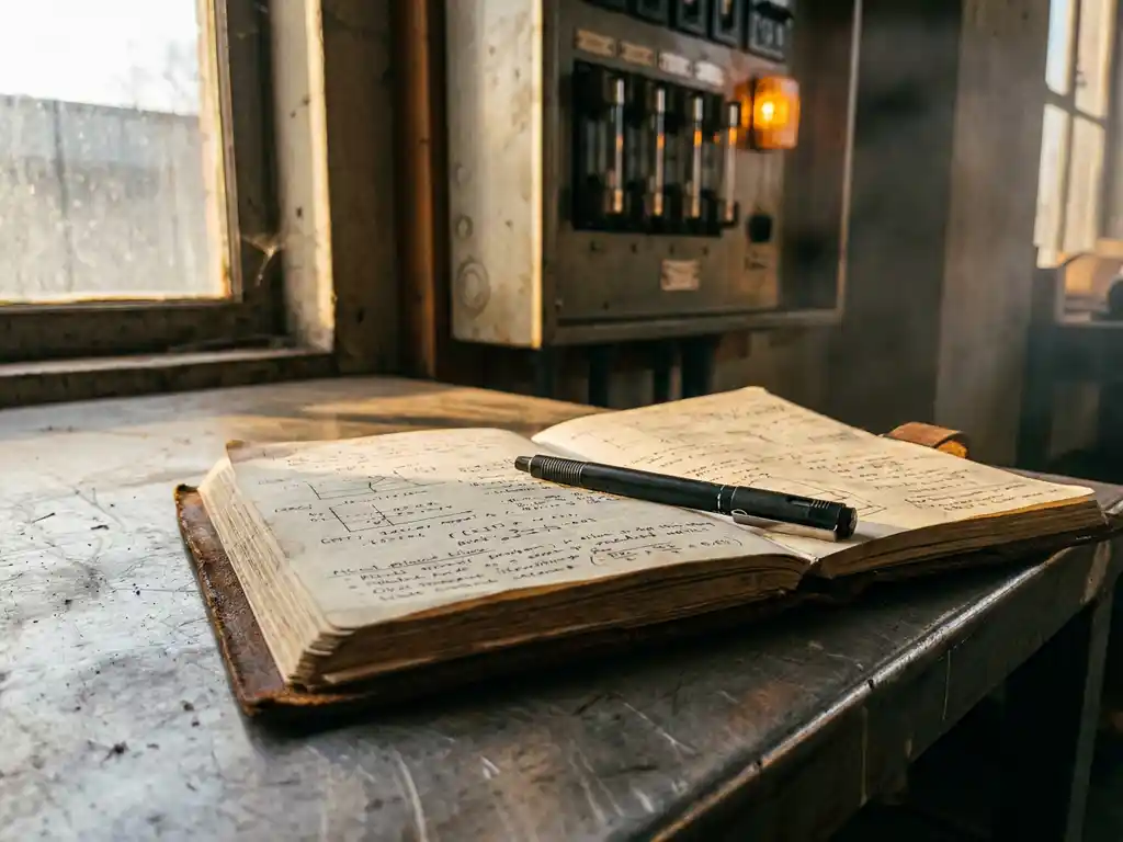 Aufgeschlagenes Lederlogbuch mit handschriftlichen Einträgen und technischem Stift auf Industrieschreibtisch, Sicherungskasten im Hintergrund.