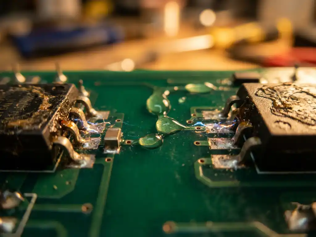 Wassertropfen bilden leitenden Pfad zwischen Kupferleiterbahnen auf dunkelgrüner Platine und verursachen elektrische Leckströme