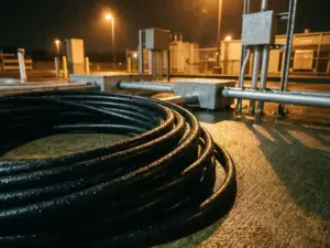 Wetterfeste Elektrokabel mit dicker schwarzer Isolierung auf nassem Betonboden, Wassertropfen auf Kabeloberflächen