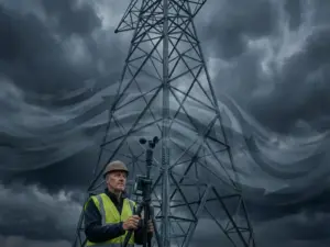 Elektrischer Übertragungsmast mit Windkraftpfeilen gegen stürmischen Himmel, Ingenieur mit Helm misst am Fuß der Stahlgitterkonstruktion