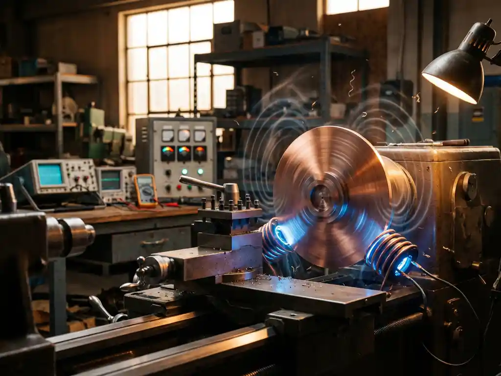 Kupferscheibe rotiert auf Präzisionsdrehmaschine mit elektromagnetischen Spulen, die Wirbelströme erzeugen, Metallspäne schweben in Luft