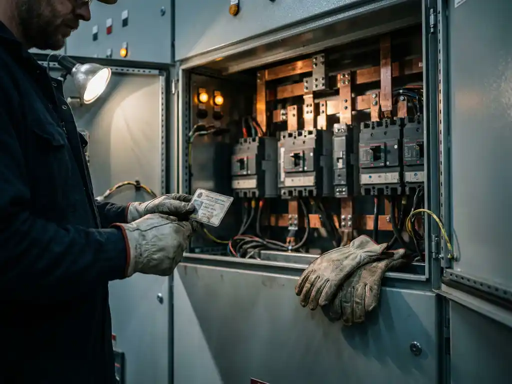 Zertifizierter Elektriker mit Genehmigungsdokument vor geöffnetem Schaltschrankgehäuse mit Kupferschienen und Leistungsschaltern.