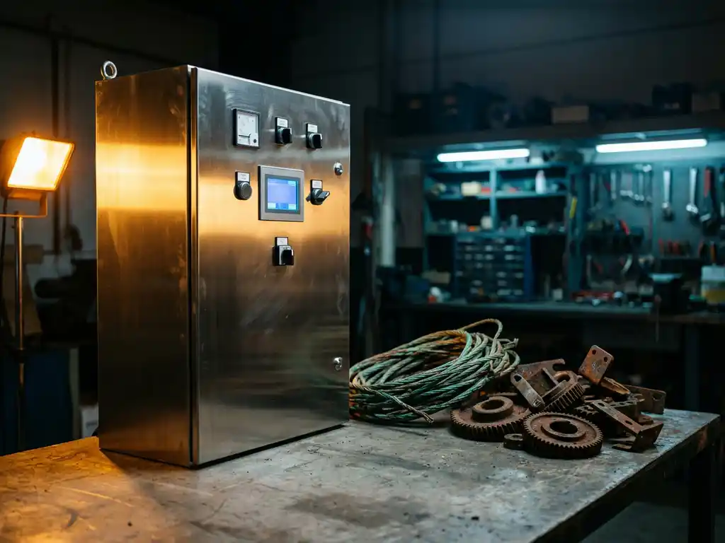 Glänzendes Edelstahl-Schaltschrank mit Zinkbeschichtung neben korrodierten Kupferdrähten in industrieller Werkstatt